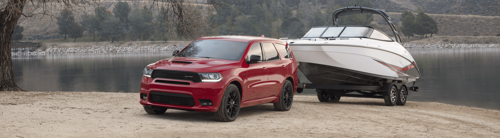 Dodge Durango Red Towing Boat Lake